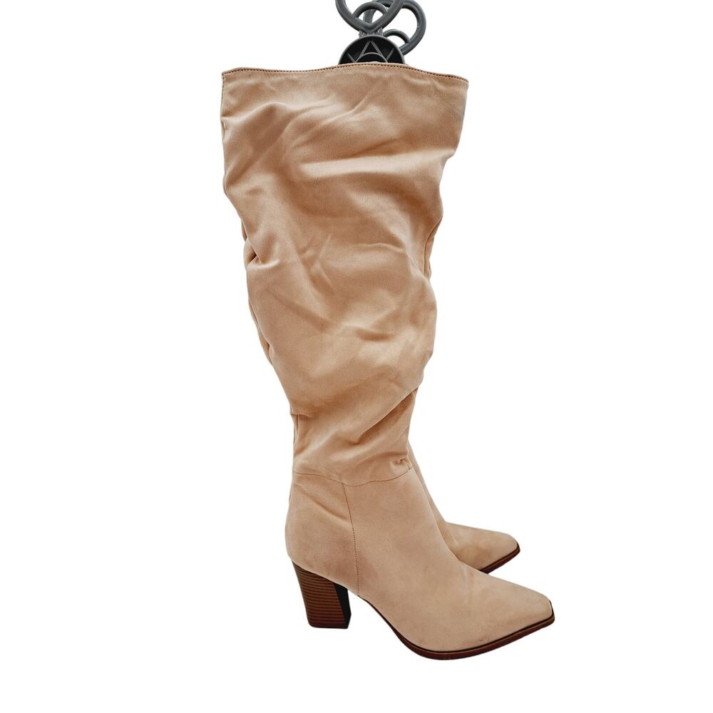 ZBY Tan Faux Suede Knee High Boots Pointed Toe High Chunky Heel Side Zip Boots 8